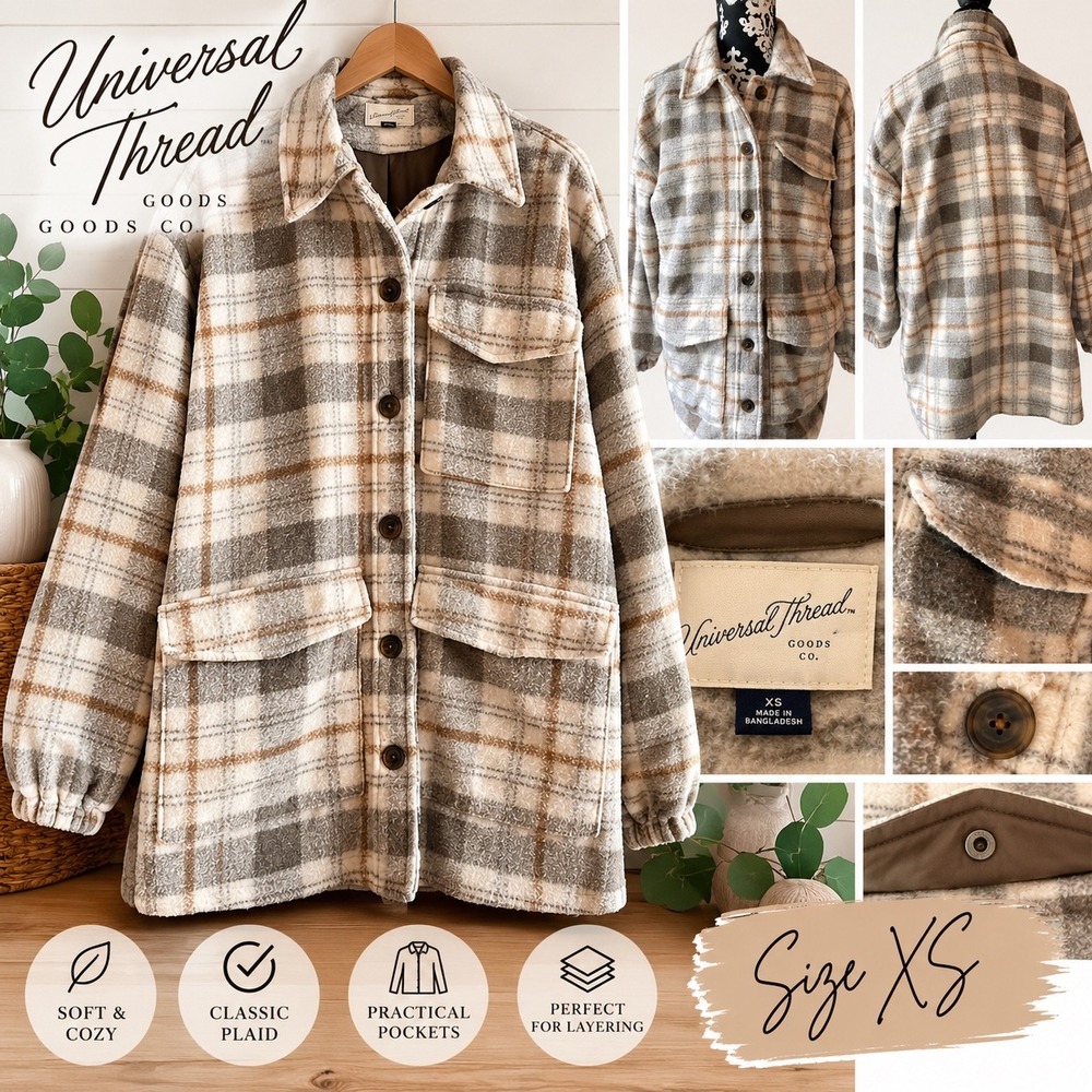Universal Thread Plaid Shirt Jacket Shacket Cream Tan Grey XS Cozy Fall Buttons